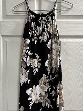 White House Black Market Black Midi Dress with Beige and White Floral Print